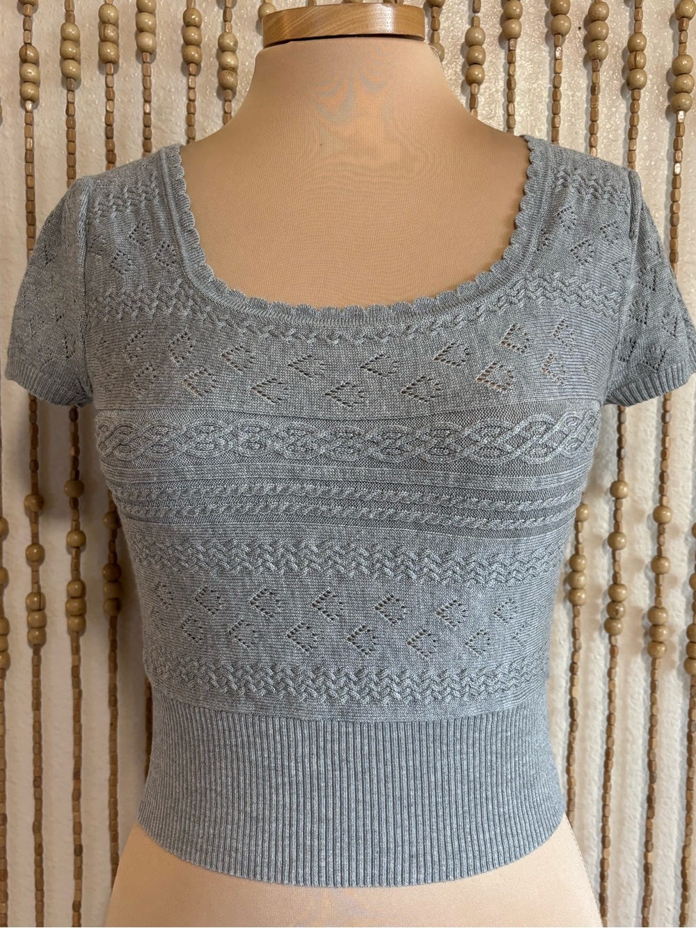 Cider Gray Knit Scalloped Neckline Short Sleeve Coquette Feminine Sweater Top S